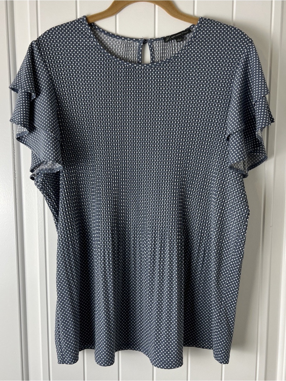 Adrianna Papell Top Womens Large Gray Short Ruffle Sleeve Pullover Blouse Polka